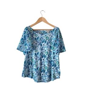 Lucky Brand Floral Top M Teal Boho Flutter Sleeve Tropical Vacation Cotton Modal